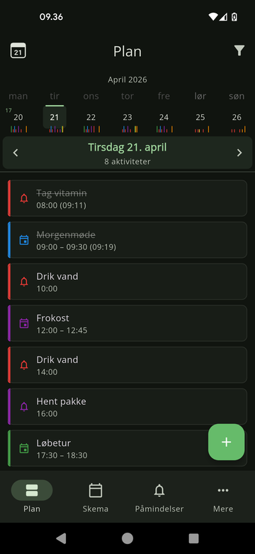 Min Dag, Plan-visning med dagens aktiviteter