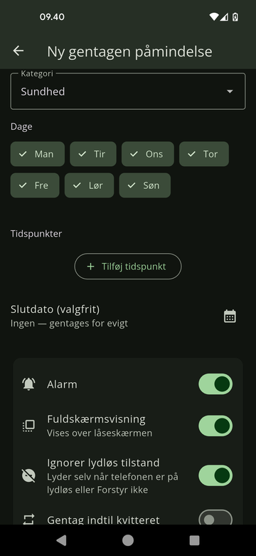 Min Dag, opret gentagen påmindelse